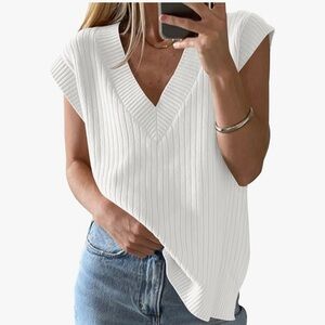 Amazon White Ribbed V-Neck Sweater